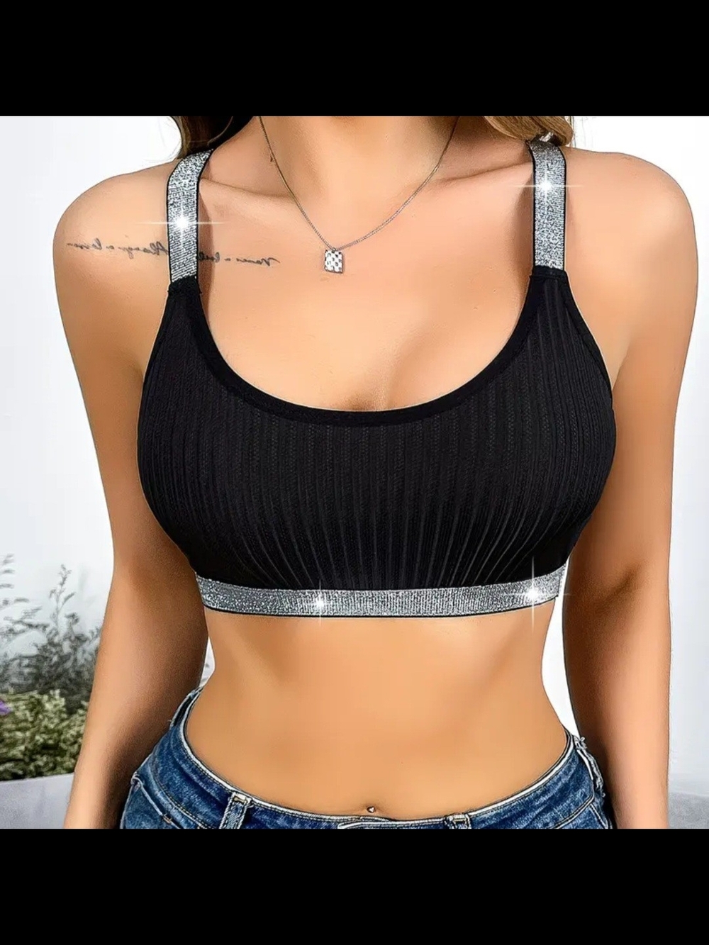 Ribbed Black Bralette with Silver Glitter Straps